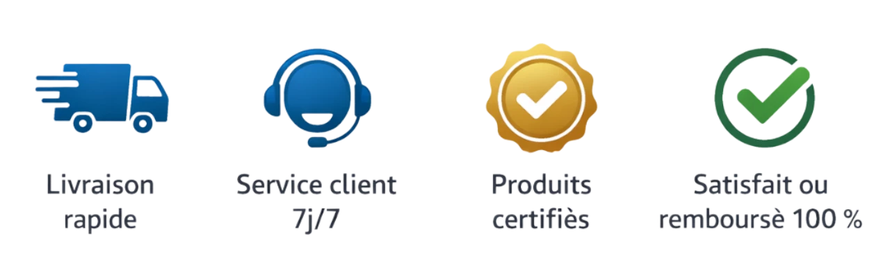 Garanties e-commerce : livraison rapide, service client 7j/7, produits certifiés et satisfait ou remboursé 100 %.